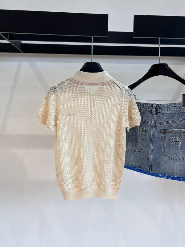 Miumiu Short-Sleeve Knitted Wool Cream Polo Shirt