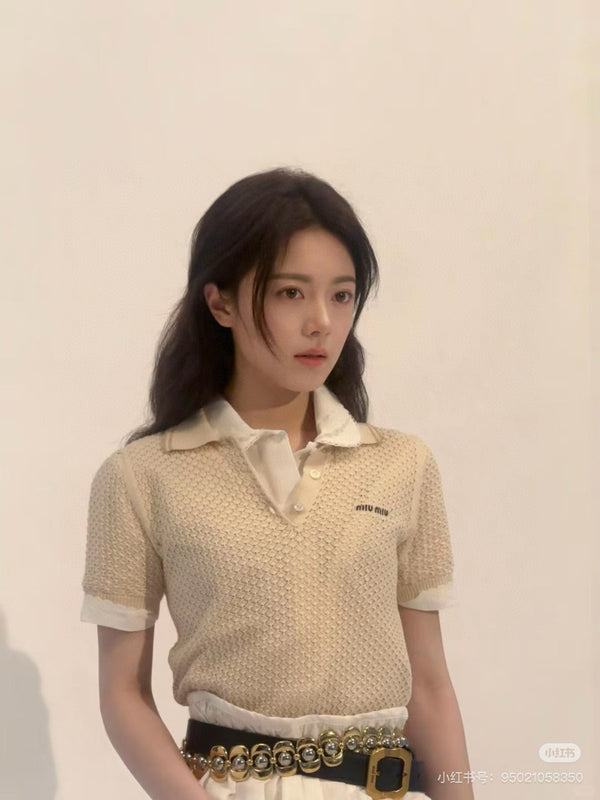 Miumiu Short-Sleeve Knitted Wool Cream Polo Shirt