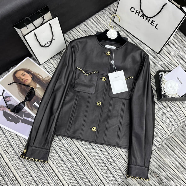 CC Round Crew Neck Leather Chain Jacket Black Lambskin