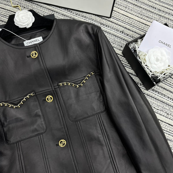 CC Round Crew Neck Leather Chain Jacket Black Lambskin