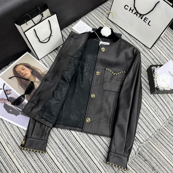 CC Round Crew Neck Leather Chain Jacket Black Lambskin