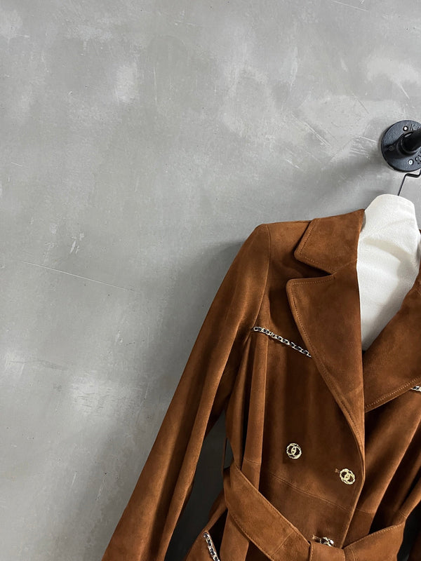 Trench coat con catena CC 25 in misto cashmere color cuoio