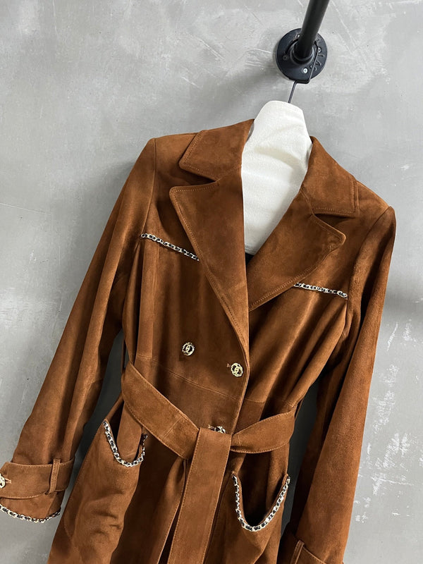 Trench coat con catena CC 25 in misto cashmere color cuoio