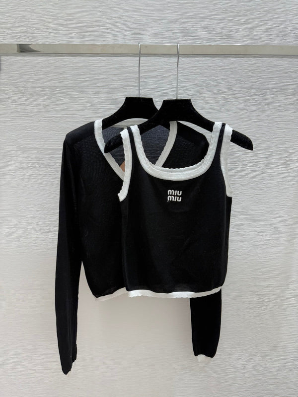 Miumiu Contrast Color Simple Knit Wool Suspender Two-Piece Set