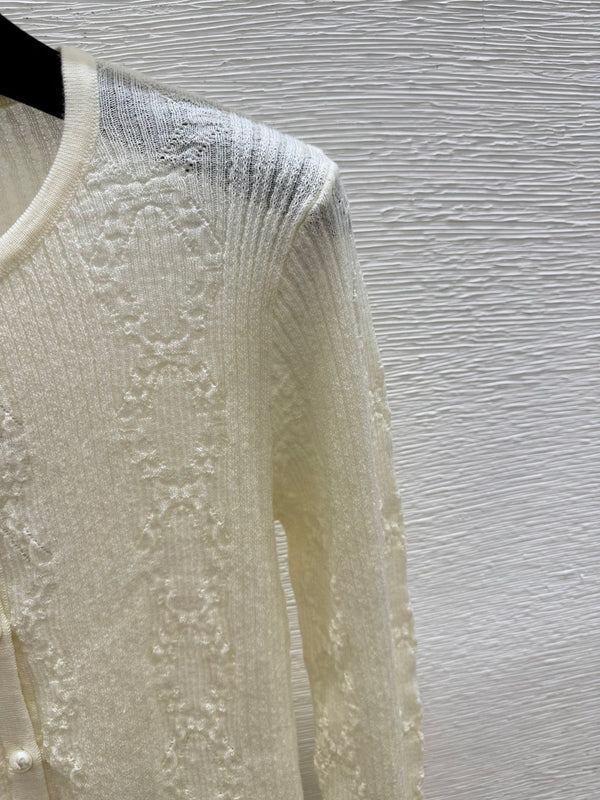 CC 25 Hollow Crew Neck Knit Long Sleeve Cardigan Wool