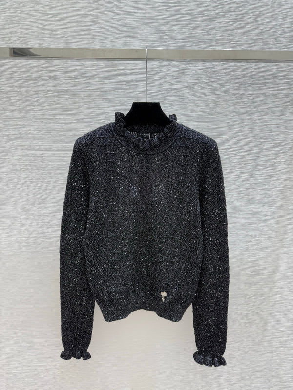 CC 25 Ruffled Gold and Silver Hollow-Out Crew Neck Knit Long Sleeve Cashmere