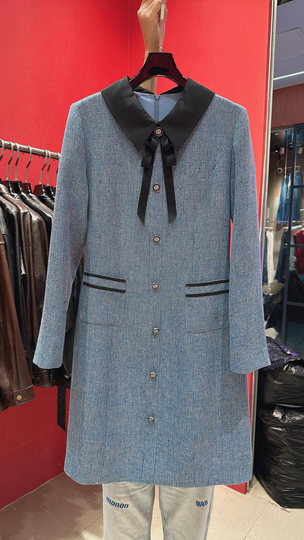CC Vintage Suit Woolen Bow Neck Dress Blue Wool