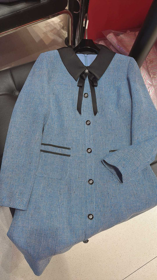 CC Vintage Suit Woolen Bow Neck Dress Blue Wool