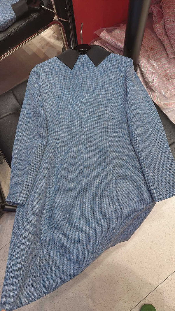 CC Vintage Suit Woolen Bow Neck Dress Blue Wool