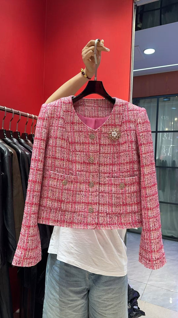 CC Brooch Jacket Bouclé Nylon with Rose-Red and Pink Plaid