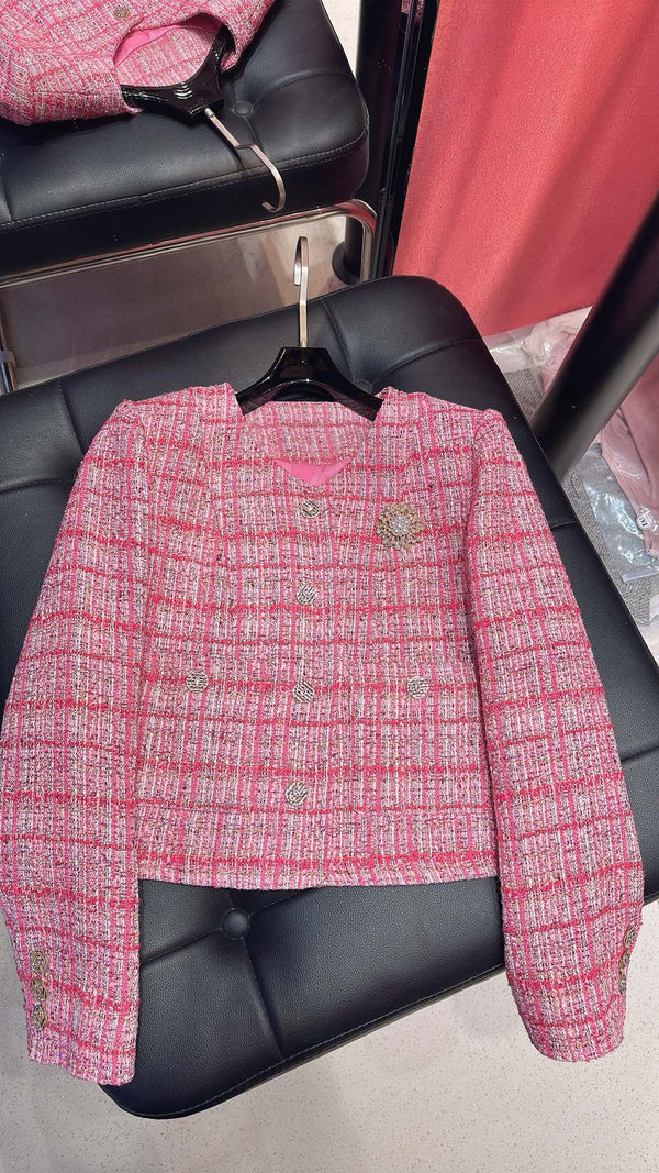 CC Brooch Jacket Bouclé Nylon with Rose-Red and Pink Plaid