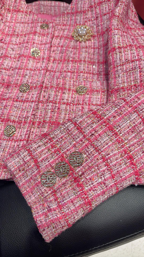 CC Brooch Jacket Bouclé Nylon with Rose-Red and Pink Plaid