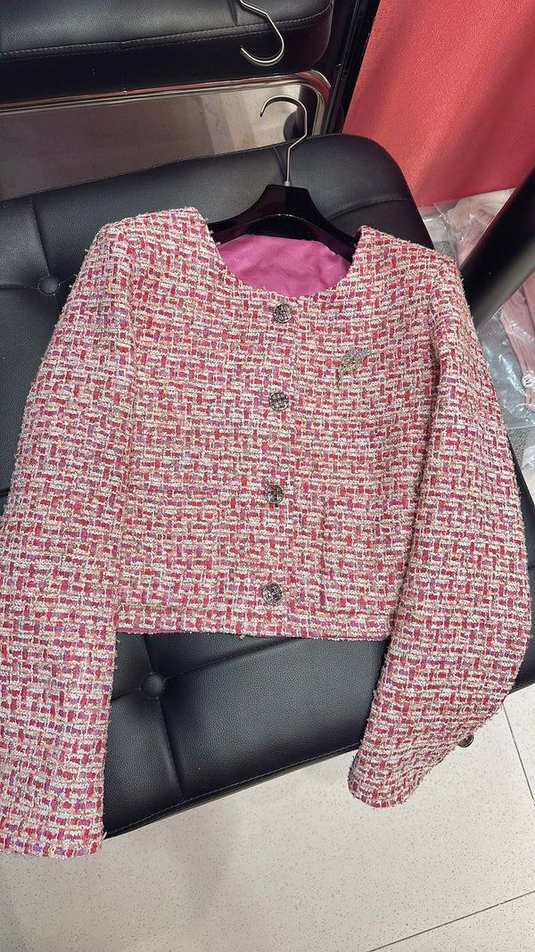 CC 25F Crew Neck Brooch Jacket Pink Cotton