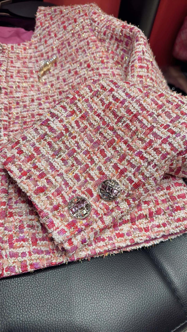 CC 25F Crew Neck Brooch Jacket Pink Cotton