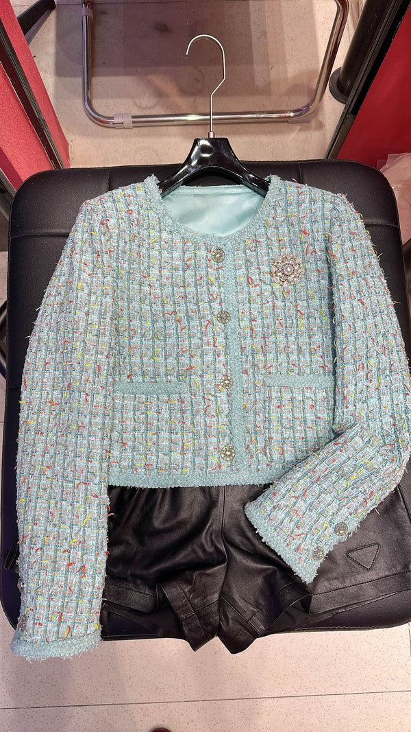 CC 25 Short Style Brooch Jacket Cloud Blue Cotton