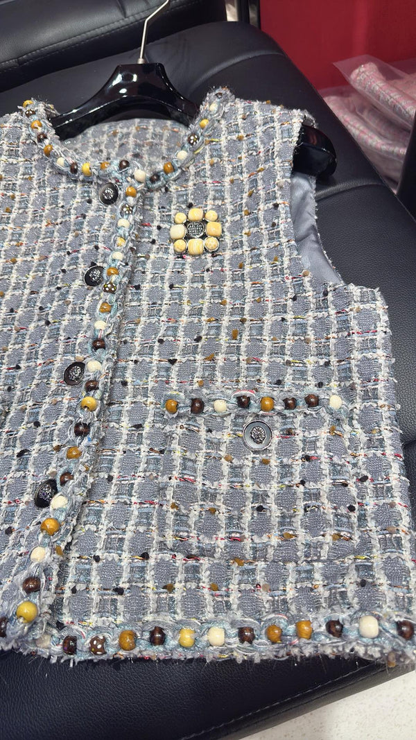 CC 25 Sleeveless Vest with Wooden Bead Trim Gray Tweed