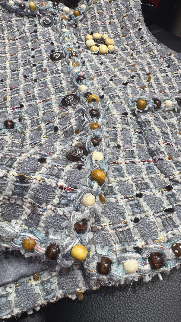 CC 25 Sleeveless Vest with Wooden Bead Trim Gray Tweed