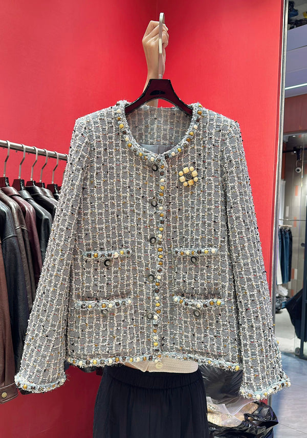 CC 25 Long Sleeves Jacket with Wooden Bead Trim Gray Tweed