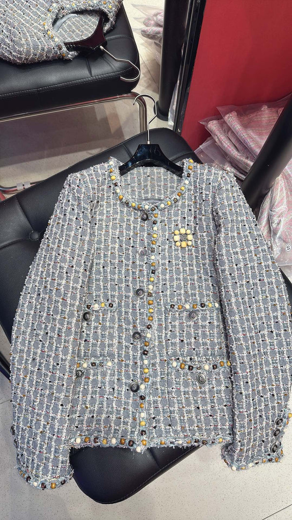 CC 25 Long Sleeves Jacket with Wooden Bead Trim Gray Tweed