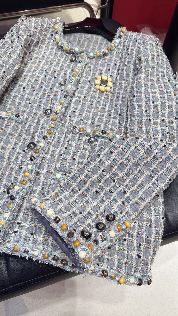 CC 25 Long Sleeves Jacket with Wooden Bead Trim Gray Tweed
