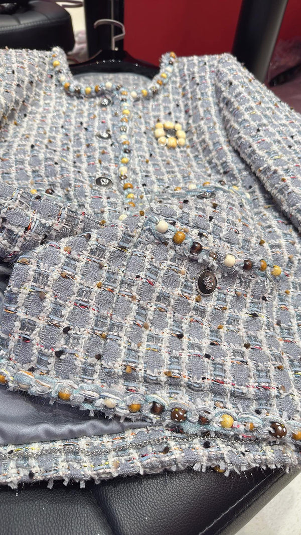 CC 25 Long Sleeves Jacket with Wooden Bead Trim Gray Tweed