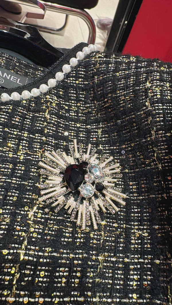 CC 25 Catwalk Style Custom Gold Woven Woolen Pearl Trim Black Coat