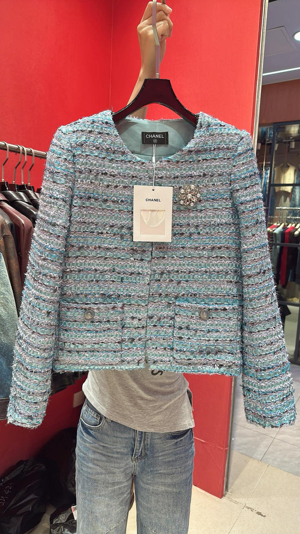 CC Brooch Tweed Blue Jacket