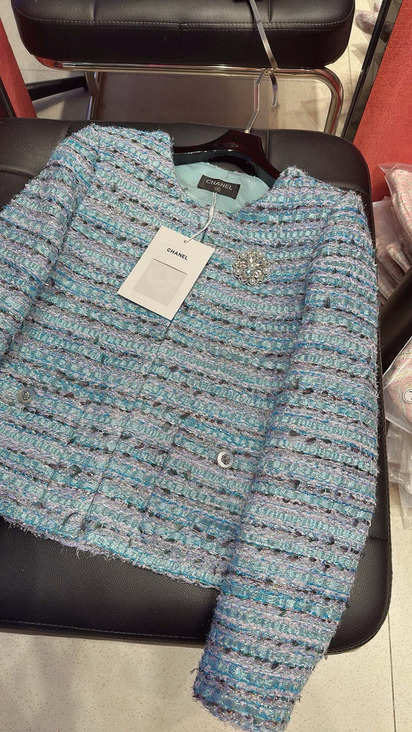 CC Brooch Tweed Blue Jacket