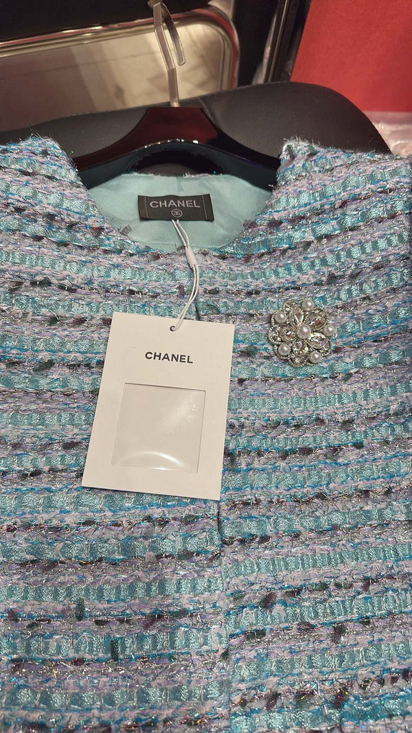 CC Brooch Tweed Blue Jacket