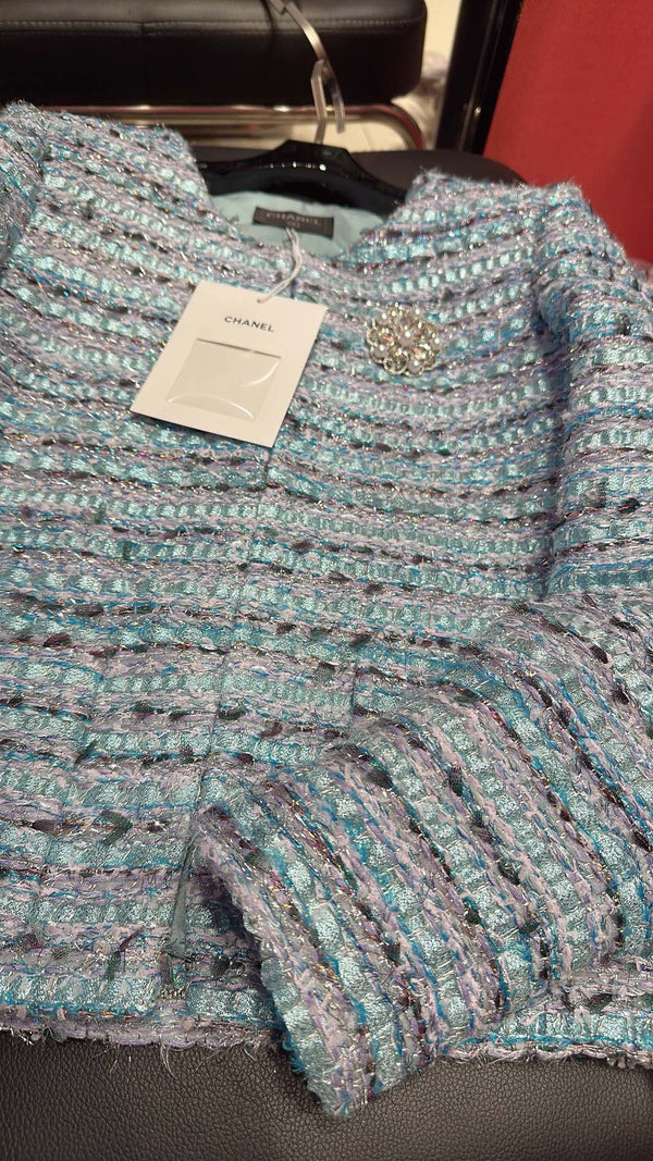 CC Brooch Tweed Blue Jacket