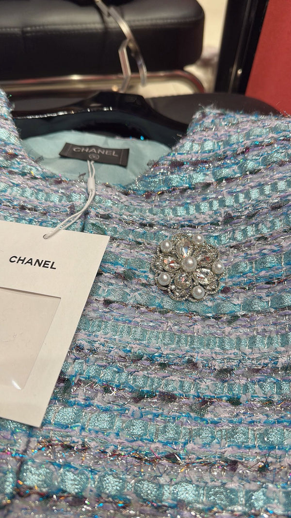 CC Brooch Tweed Blue Jacket