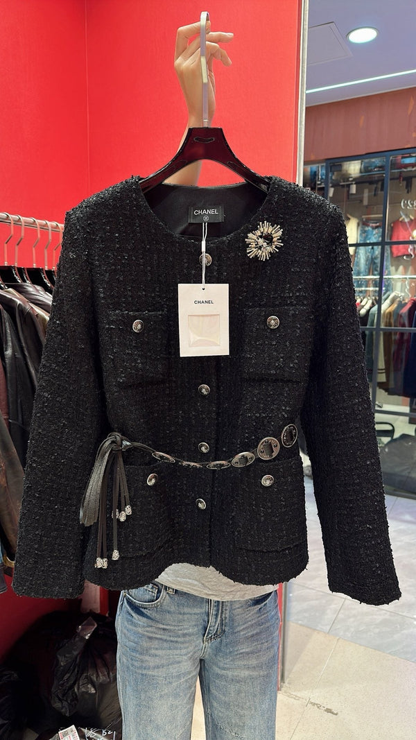 CC Brooch Tweed Chain Belt Black Jacket