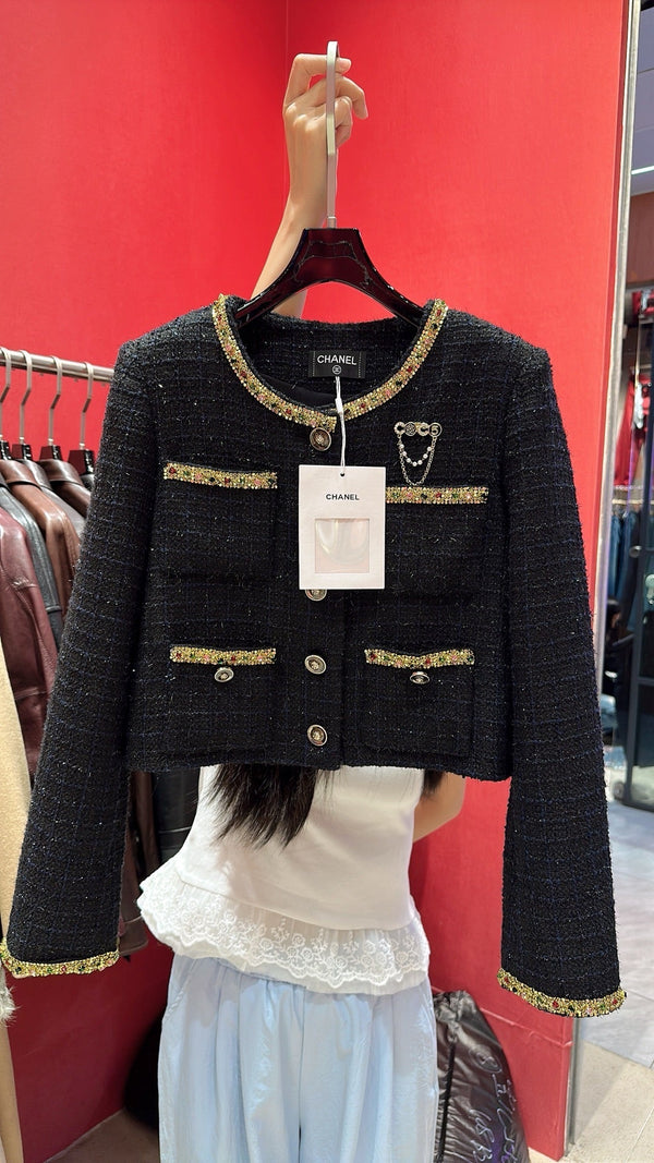 CC Brooch Tweed Gold Rhinestones Trim Black Jacket