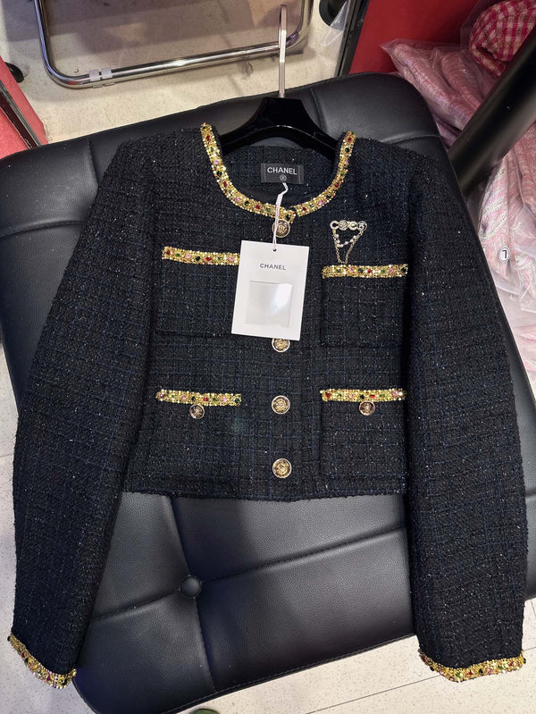CC Brooch Tweed Gold Rhinestones Trim Black Jacket