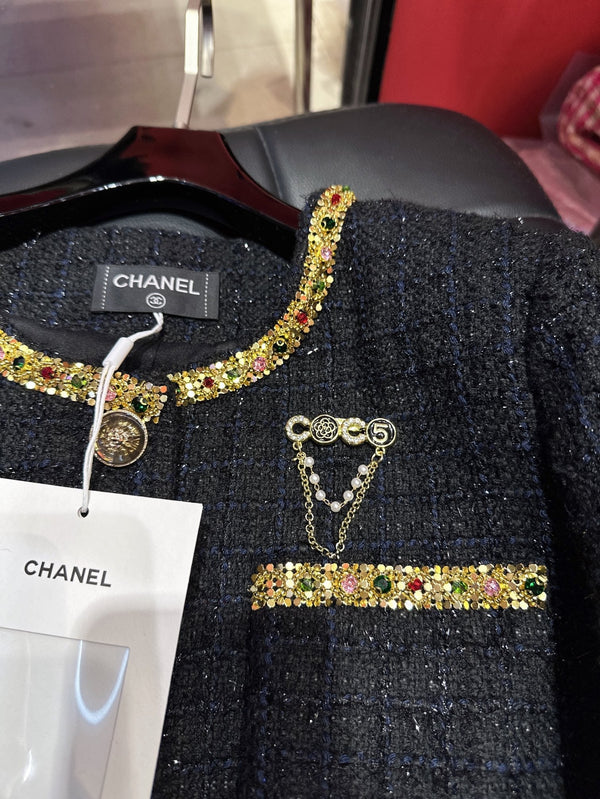 CC Brooch Tweed Gold Rhinestones Trim Black Jacket