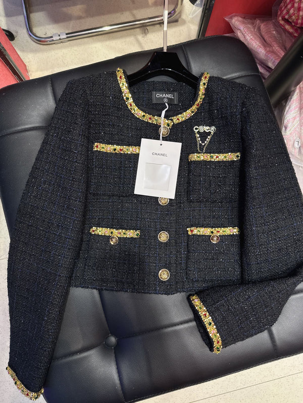 CC Brooch Tweed Gold Rhinestones Trim Black Jacket