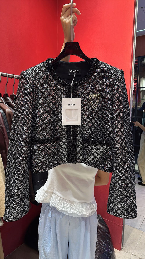 CC Plaid Jacket With Sparkling Beading and Black Stone Border
