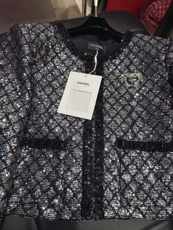 CC Plaid Jacket With Sparkling Beading and Black Stone Border