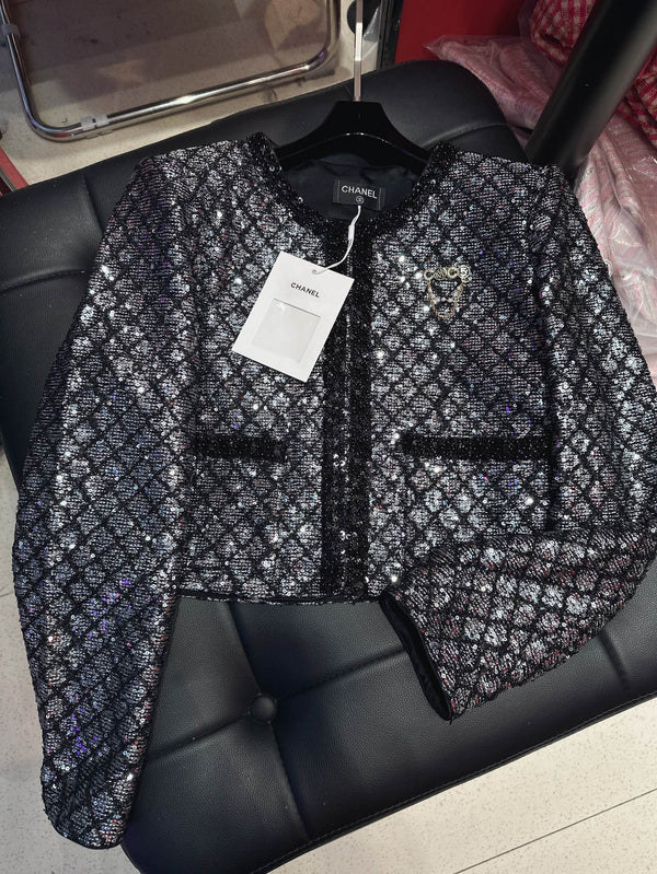 CC Plaid Jacket With Sparkling Beading and Black Stone Border