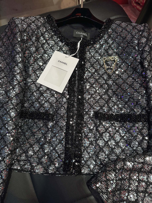 CC Plaid Jacket With Sparkling Beading and Black Stone Border