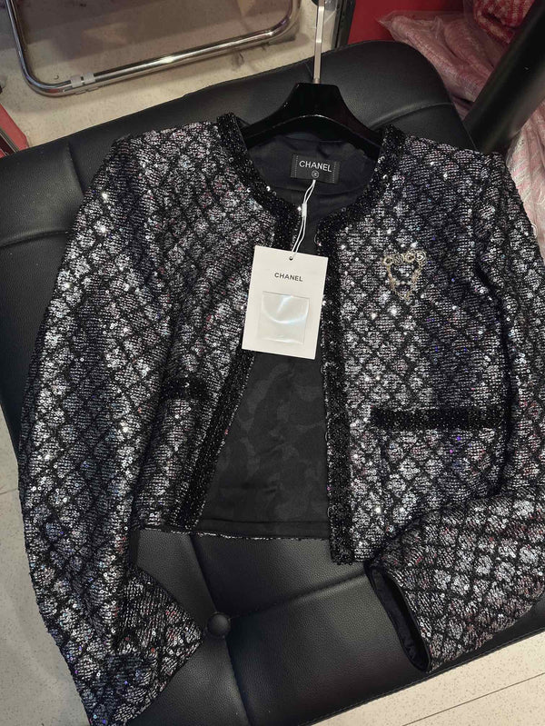 CC Plaid Jacket With Sparkling Beading and Black Stone Border