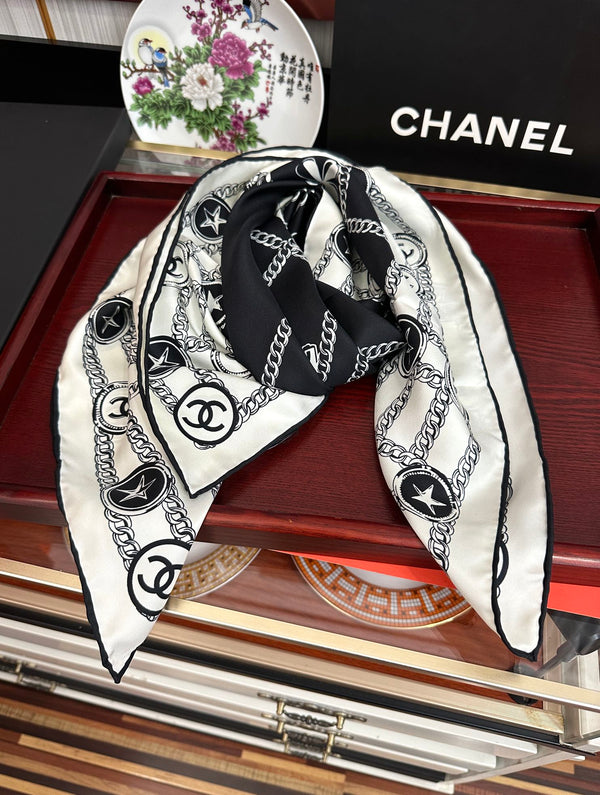 CC Square 90cm Black White Silk Scarf 828797