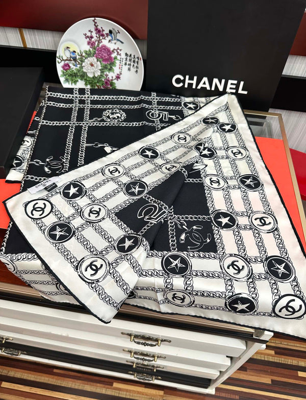 CC Square 90cm Black White Silk Scarf 828797