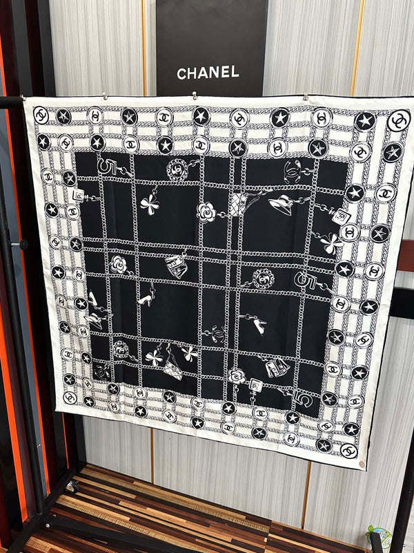 CC Square 90cm Black White Silk Scarf 828797
