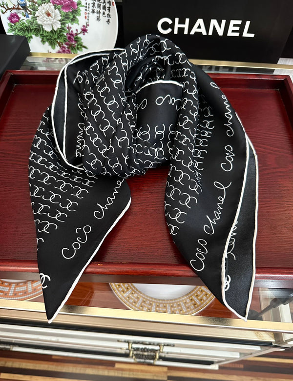 CC Square 90cm Double C Black Silk Scarf 828789
