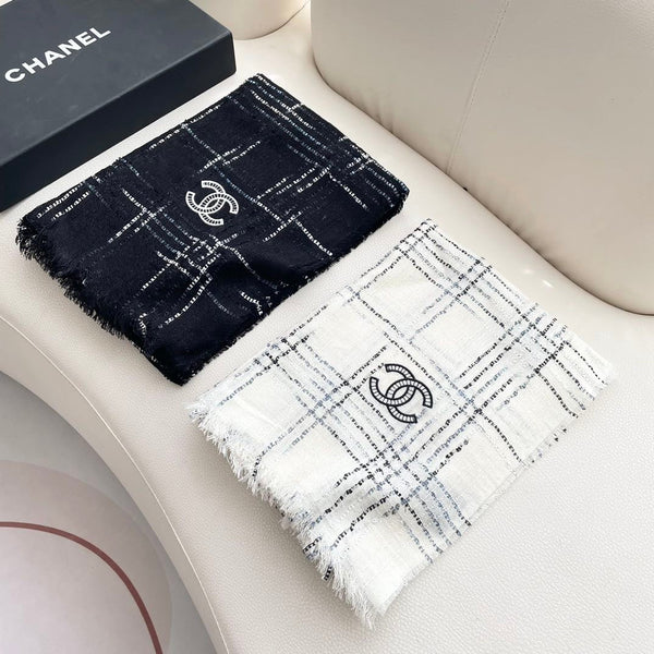 CC Plaid Long Scarf 200cm White Cashmere 828751