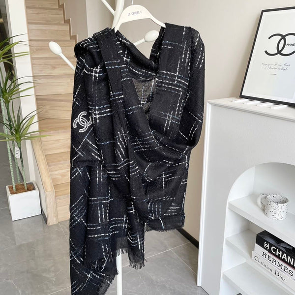 Sciarpa lunga a quadri CC 200 cm in cashmere nero 828750