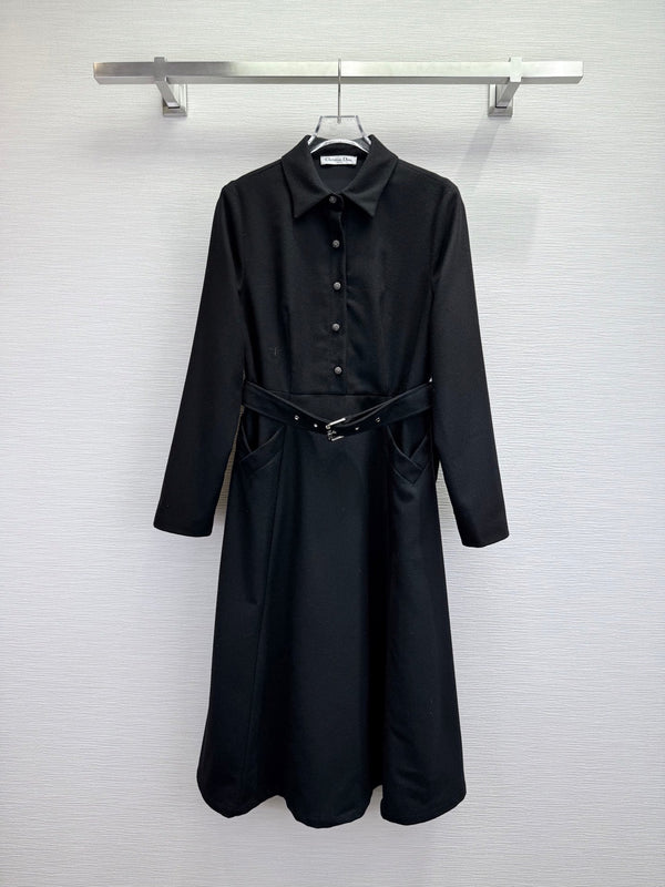CD 25SS Long Dress With A Fabric Belt Black Wool 306575