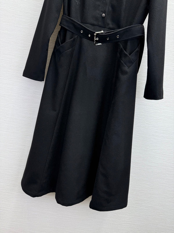 CD 25SS Long Dress With A Fabric Belt Black Wool 306575