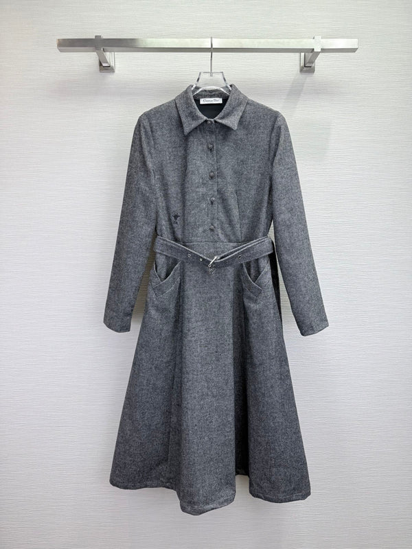 CD 25SS Long Dress With A Fabric Belt Gray Wool 306573
